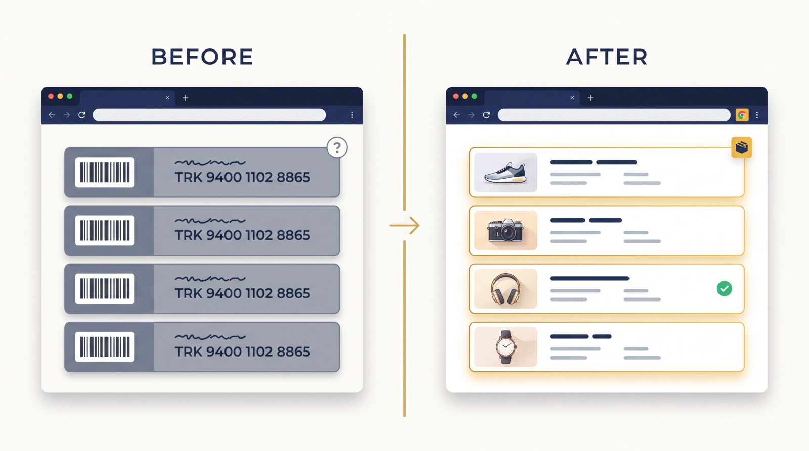 Before: a MyUS package list showing only tracking numbers. After: the same list with product photos and order data from your Google Sheet.