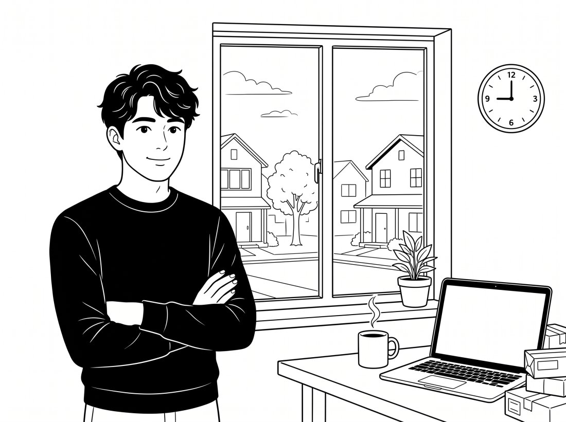 朝の光の中、発送準備を終えてコーヒーを飲む開発者のイラスト