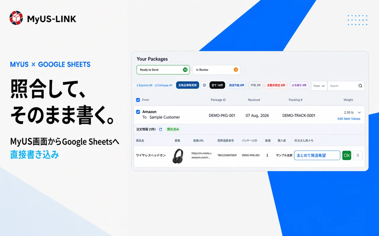 MyUS画面で注文情報を照合し、スプレッドシートへ直接書き戻す画面