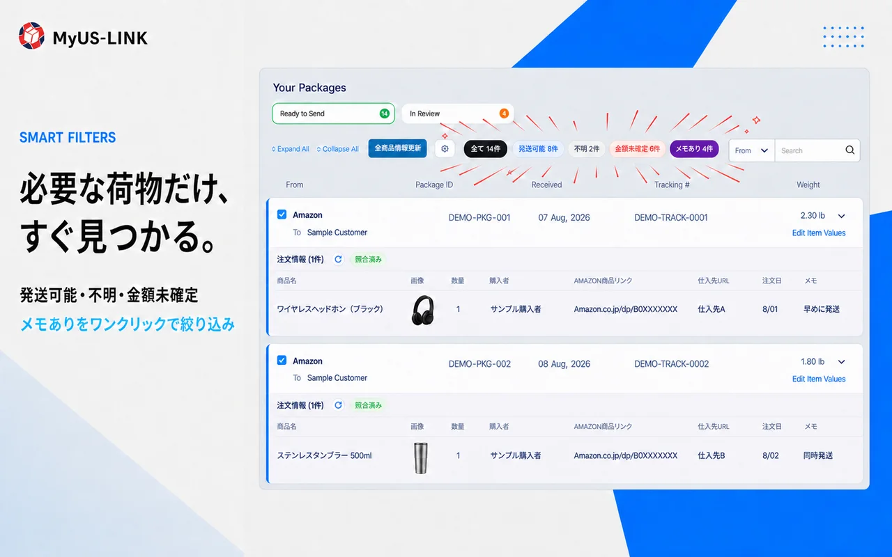発送可能、不明、金額未確定、メモありなどで荷物を絞り込むフィルター機能