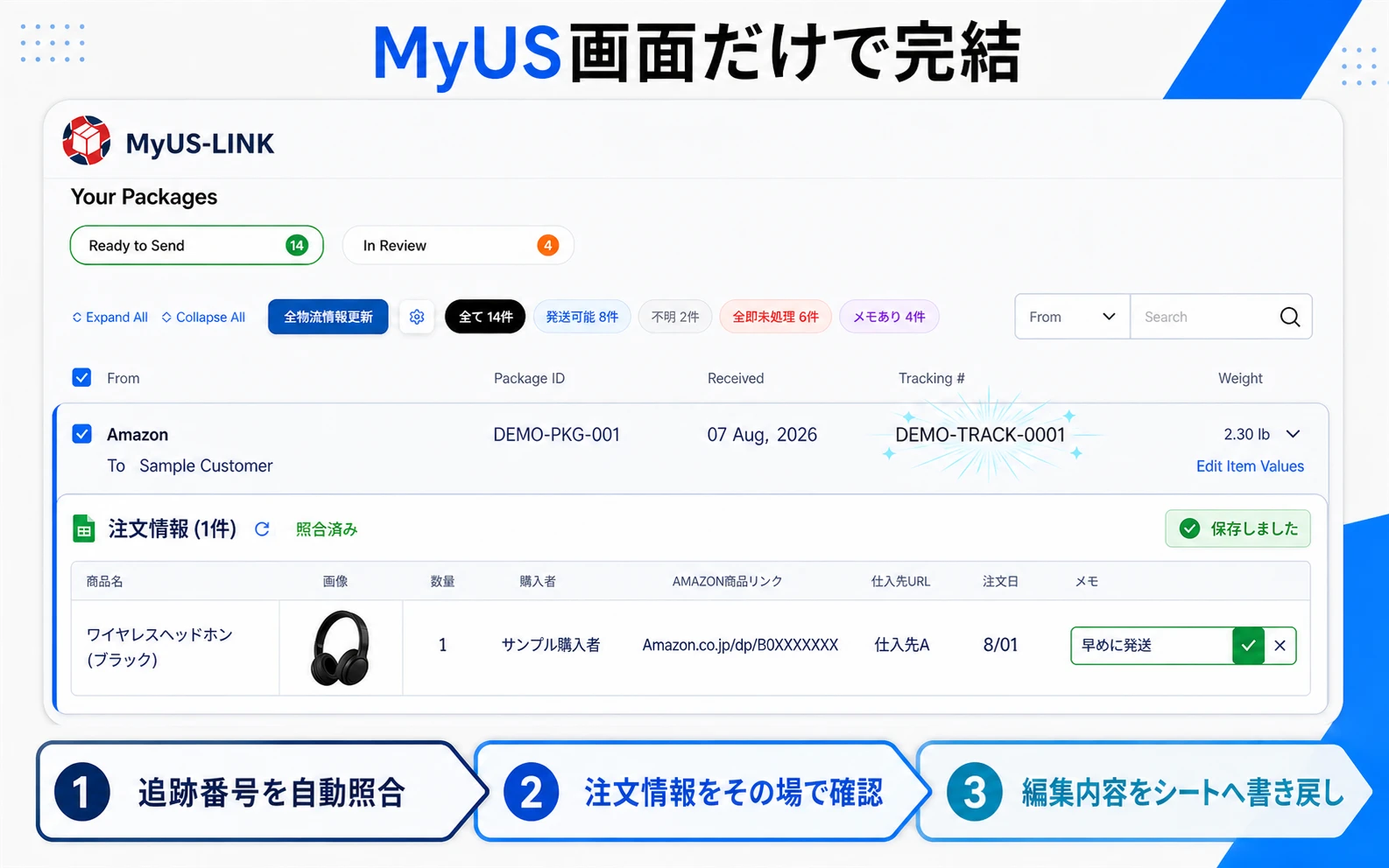 MyUSの荷物行の直下にGoogleスプレッドシート由来の注文情報を表示し、照合・確認・編集内容の書き戻しまで行うMyUS-LINKの実画面イメージ