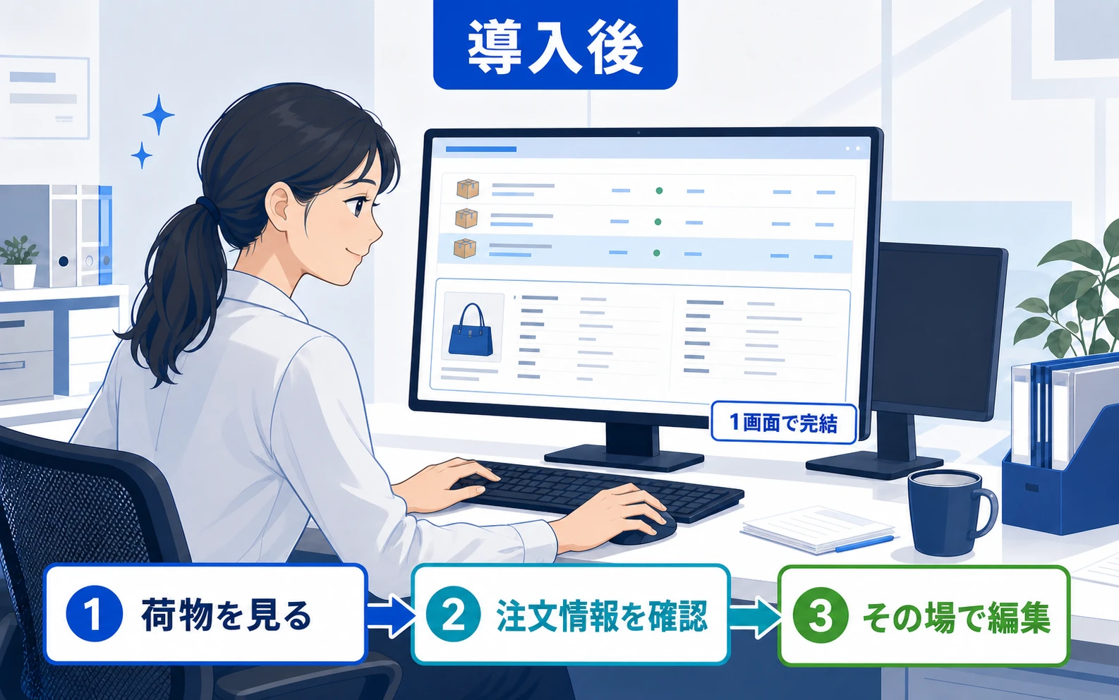 MyUS-LINK導入後に安心した表情でMyUS画面だけを使い、注文情報の確認と編集を完結する作業者