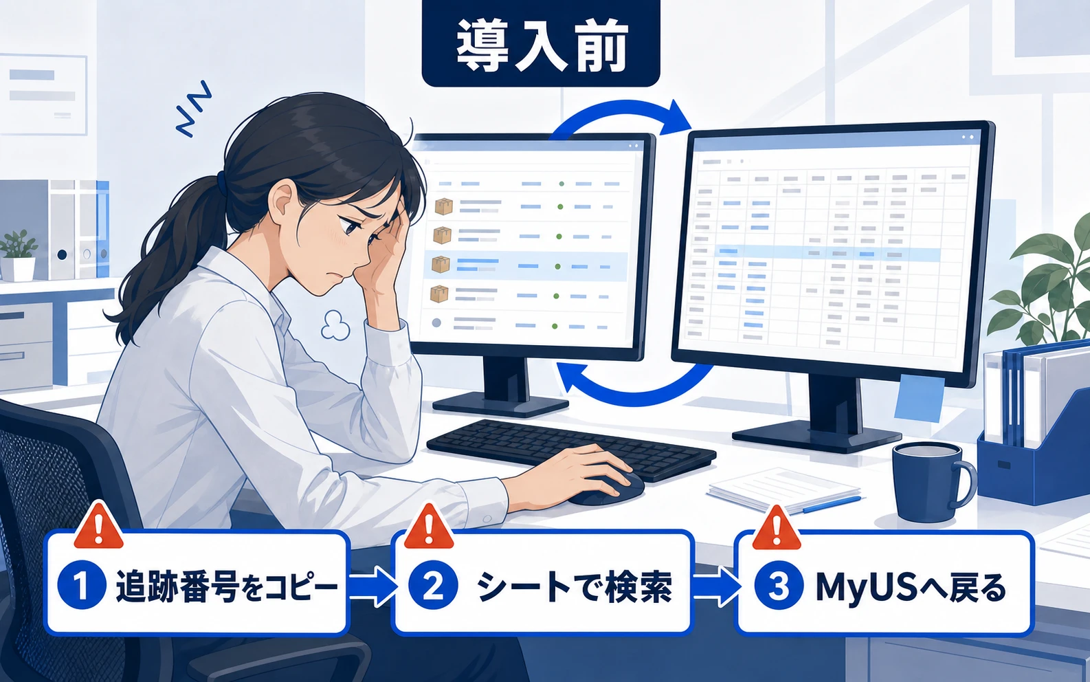 導入前に疲れた表情でMyUSと受注管理シートを往復し、追跡番号のコピーと検索を繰り返す作業者