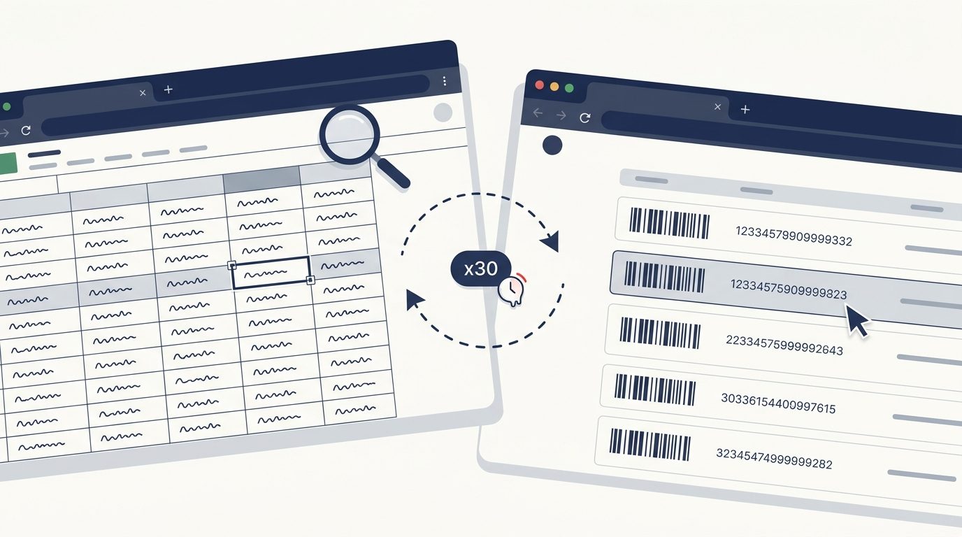 The endless loop: hunt for the matching row in your spreadsheet, copy the tracking number from the dashboard — 30 times a day.