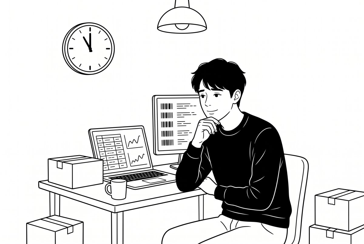 深夜、スプレッドシートとMyUSの画面を見比べて照合する開発者のイラスト