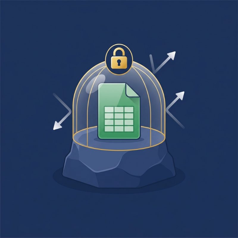 A spreadsheet document protected inside a glowing dome on solid rock — nothing gets in or out.