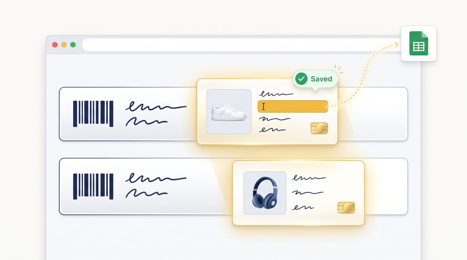 MyUS-LINK overlay showing a product photo and editable sheet data next to each package, with changes saved back to Google Sheets.